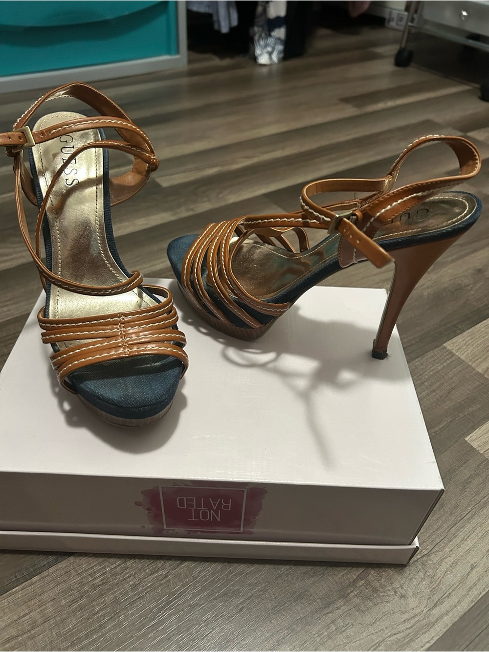 Guess Tan Strappy High Heel Sandals with Blue Insole